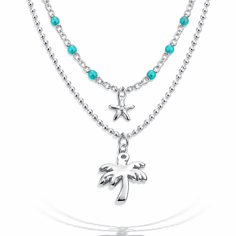 Collier femme double rang SPRITZ UNDER THE PALMS – chaîne perles émaillées turquoise, chaîne boules facettées scintillantes et pendentif palmier miroir argent 925 – bijoux fait main en argent 925 | Pitch & Néo