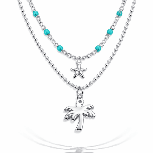 Collier femme double rang SPRITZ UNDER THE PALMS – chaîne perles émaillées turquoise, chaîne boules facettées scintillantes et pendentif palmier miroir argent 925 – bijoux fait main en argent 925 | Pitch & Néo