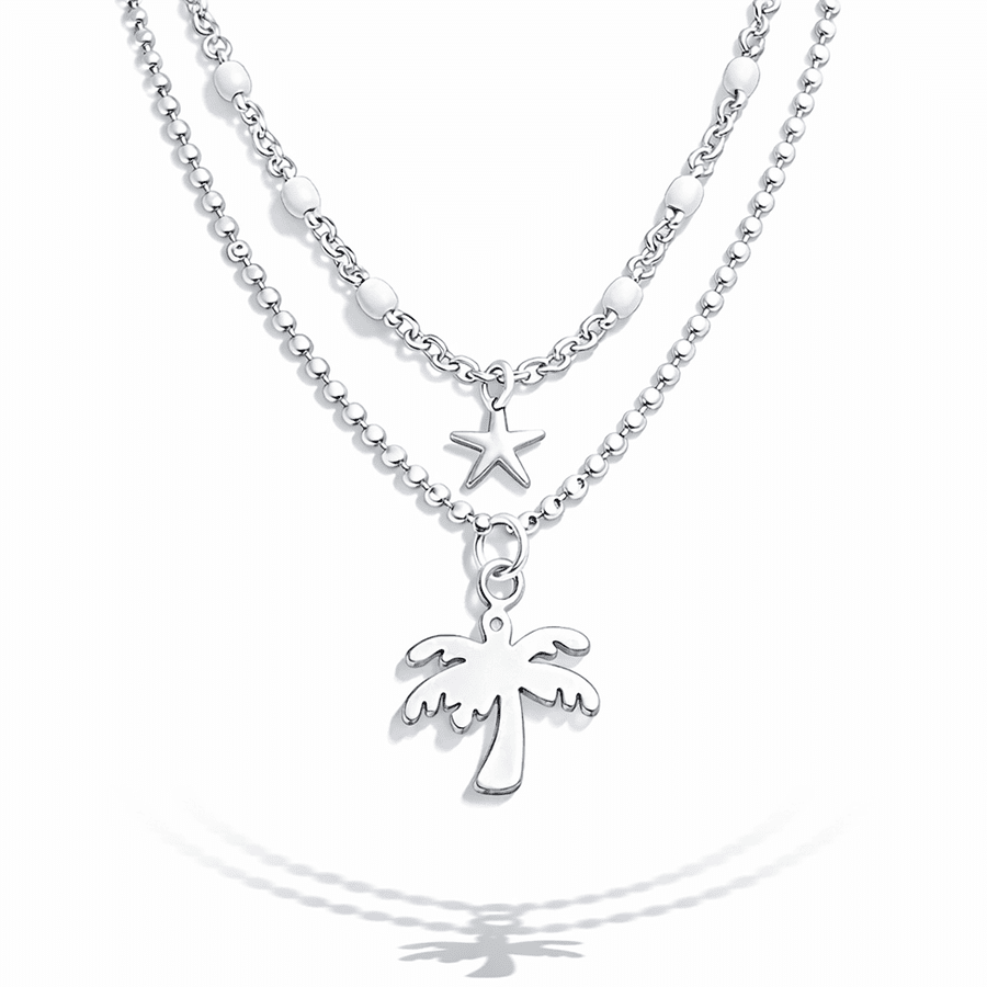 Collier femme double rang SPRITZ UNDER THE PALMS – chaîne perles émaillées turquoise, chaîne boules facettées scintillantes et pendentif palmier miroir argent 925 – bijoux fait main en argent 925 | Pitch & Néo