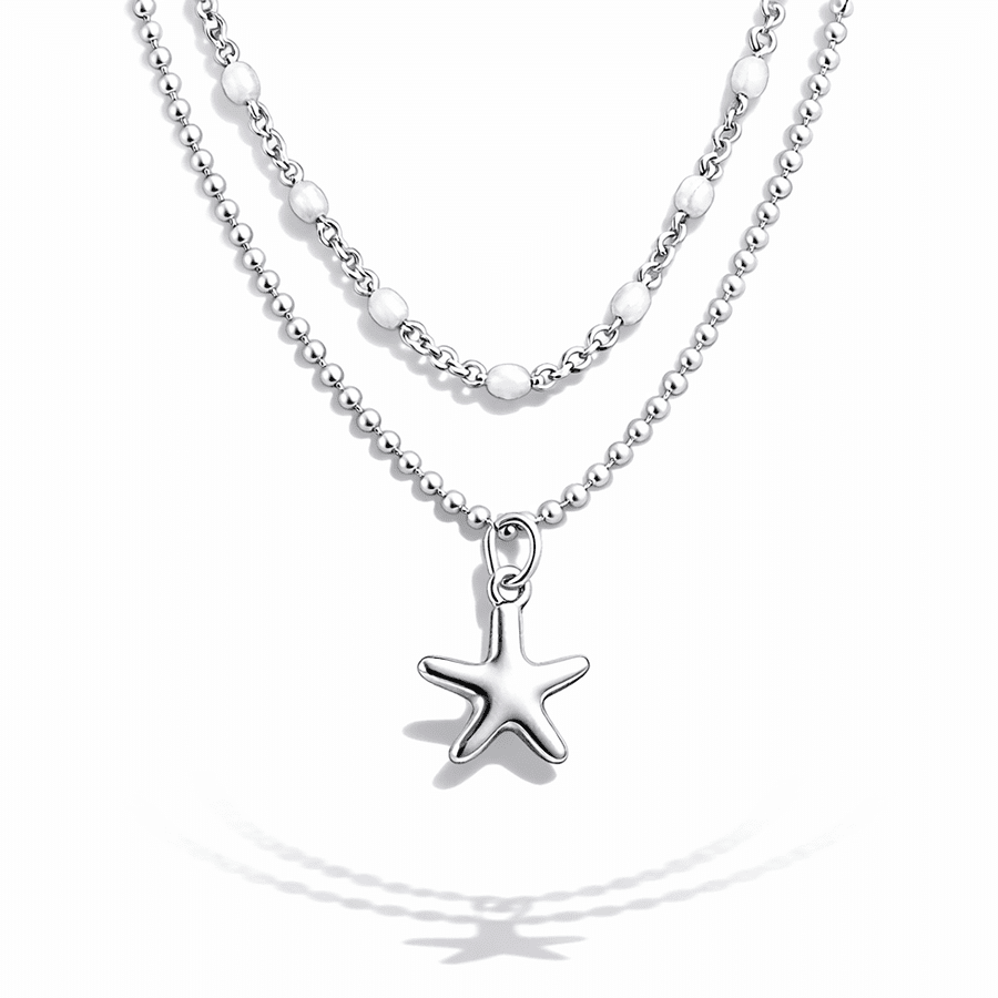 Collier femme double rang THE BEACH IS BACK – chaîne perles émaillées blanches, chaîne boules facettées scintillantes et pendentif étoile de mer argent 925 – bijoux fait main en argent 925 | Pitch & Néo