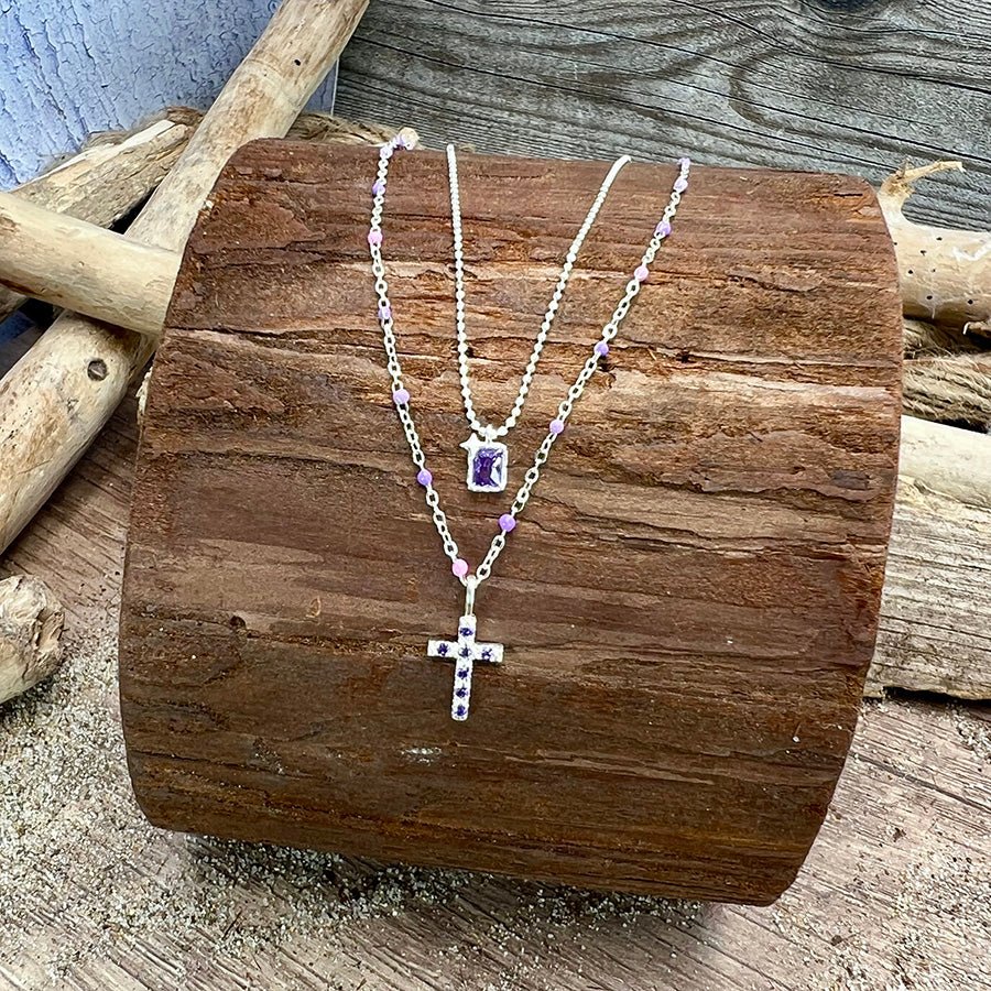 Collier femme double - rang THX GOD I’M STYLISH – chaîne perles émaillées rose bonbon et lavande & pendentifs croix zircons violets et rectangle serti étoilé en argent 925 – bijoux fait main en argent 925 | Pitch & Néo