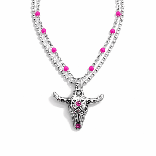 Collier femme double rang TOO PINK TO DIE – chaîne perles émaillées fluo rose et pendentif tête de buffle zircon fuchsia argent 925 – bijoux fait main en argent 925 | Pitch & Néo