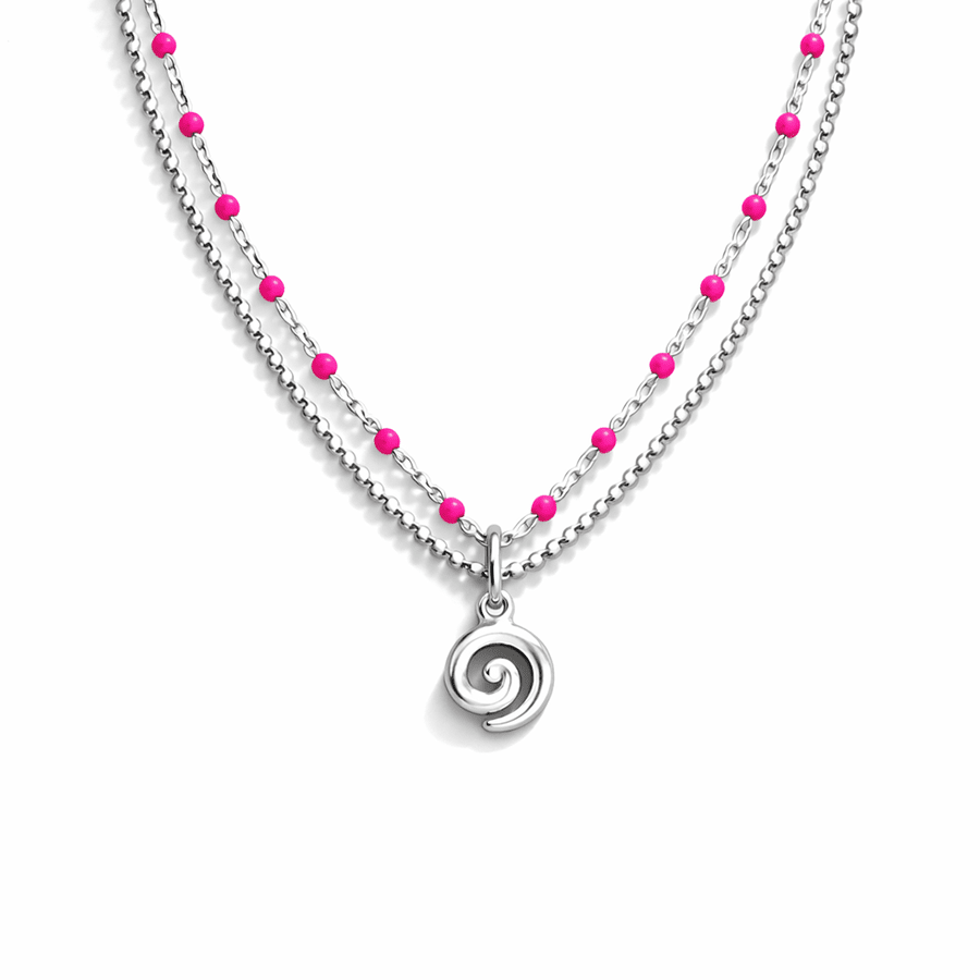 Collier femme double rang TOO SPIN TO STOP – chaîne perles émaillées rose fluo, chaîne boules facettées scintillantes et pendentif spirale argent 925 – bijoux fait main en argent 925 | Pitch & Néo