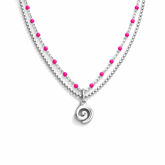 Collier femme double rang TOO SPIN TO STOP – chaîne perles émaillées rose fluo, chaîne boules facettées scintillantes et pendentif spirale argent 925 – bijoux fait main en argent 925 | Pitch & Néo