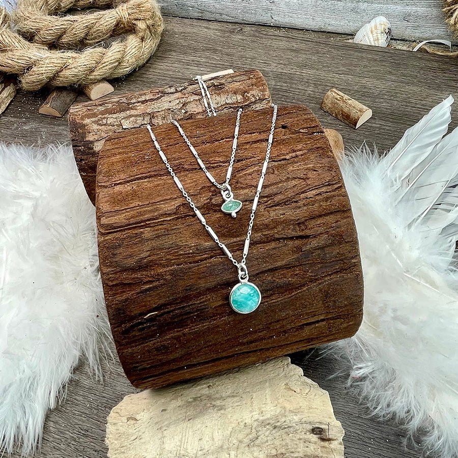 Collier femme double - rang TRUE VISION – maille forçat à tubes & pendentifs œil sculpté & cabochon rond en amazonite en argent 925 – bijoux fait main en argent 925 | Pitch & Néo