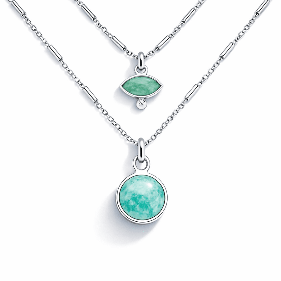 Collier femme double - rang TRUE VISION – maille forçat à tubes & pendentifs œil sculpté & cabochon rond en amazonite en argent 925 – bijoux fait main en argent 925 | Pitch & Néo
