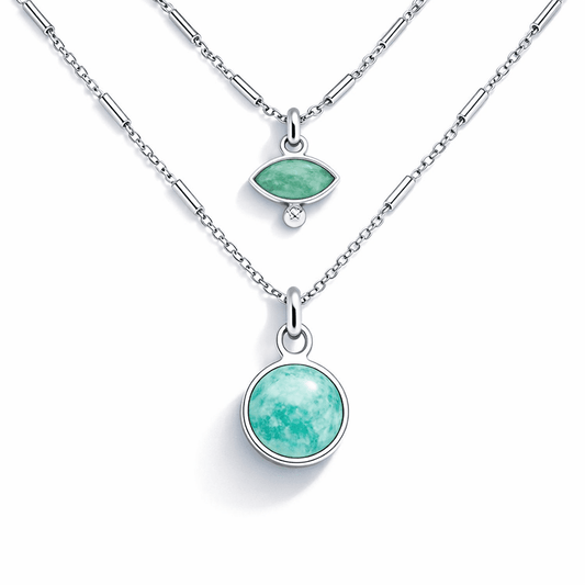 Collier femme double - rang TRUE VISION – maille forçat à tubes & pendentifs œil sculpté & cabochon rond en amazonite en argent 925 – bijoux fait main en argent 925 | Pitch & Néo
