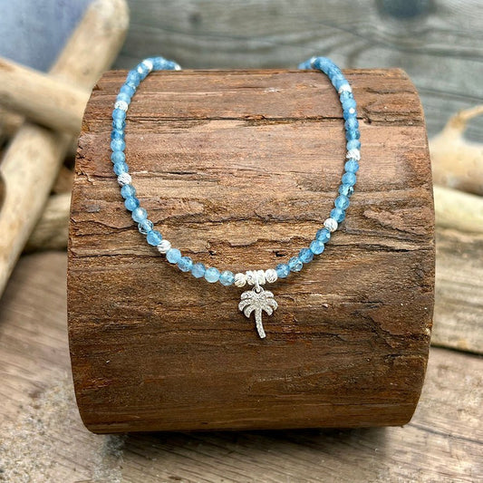 Collier femme DRINKS & PALM TREES ONLY – perles d’aigue - marine facettées, pendentif palmier zircons façon diamant et argent 925 – bijoux fait main en argent 925 | Pitch & Néo