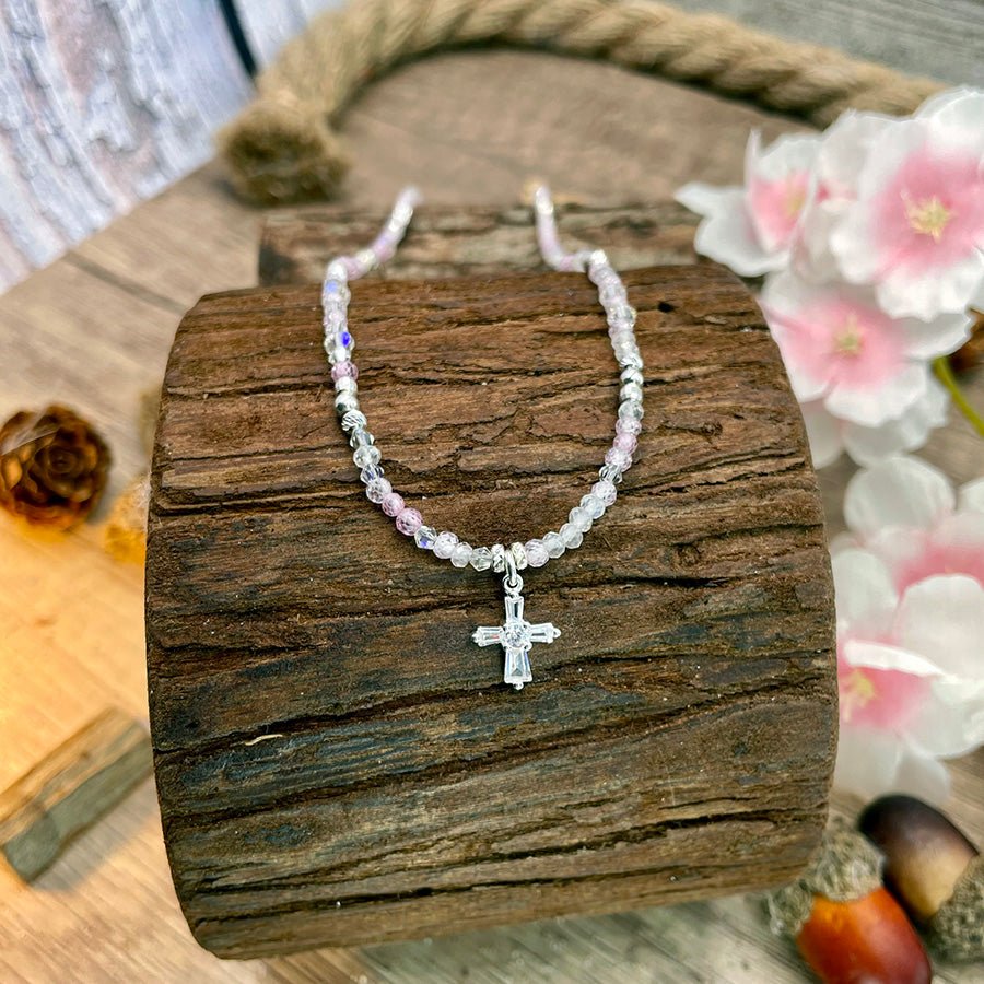 Collier femme en argent 925 – HOLY CRUSH SUGAR, perles pierre de lune arc - en - ciel, zircons roses & croix art déco – bijoux fait main en argent 925 | Pitch & Néo