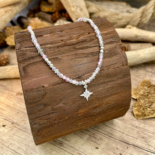 Collier femme en argent 925 – SWEET BUT GLAM, perles pierre de lune arc - en - ciel, zircons roses & étoile polaire pavée – bijoux fait main en argent 925 | Pitch & Néo