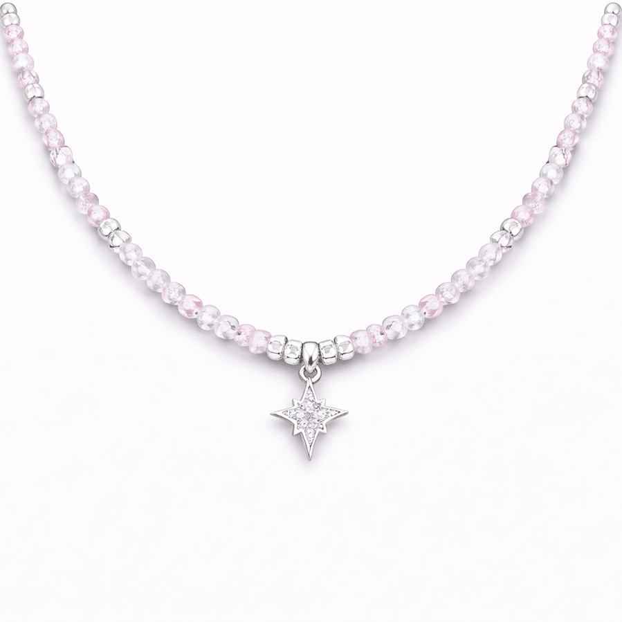 Collier femme en argent 925 – SWEET BUT GLAM, perles pierre de lune arc - en - ciel, zircons roses & étoile polaire pavée – bijoux fait main en argent 925 | Pitch & Néo