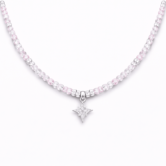 Collier femme en argent 925 – SWEET BUT GLAM, perles pierre de lune arc - en - ciel, zircons roses & étoile polaire pavée – bijoux fait main en argent 925 | Pitch & Néo