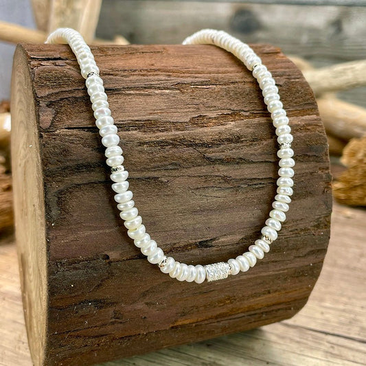 Collier femme FIFTH AVENUE, FIRST CLASS – perles rondelles de culture AAAA et pendentif tube pavé zircon argent 925 – bijoux fait main en argent 925 | Pitch & Néo