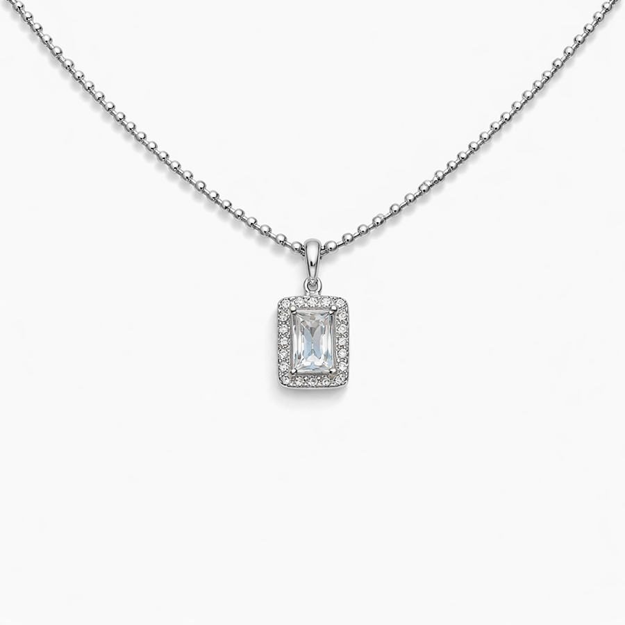 Collier femme FREEZE ME, I’M FABULOUS – chaîne boules facettées scintillantes et pendentif zircon taille émeraude façon diamant, halo zircons, argent 925 – bijoux fait main en argent 925 | Pitch & Néo