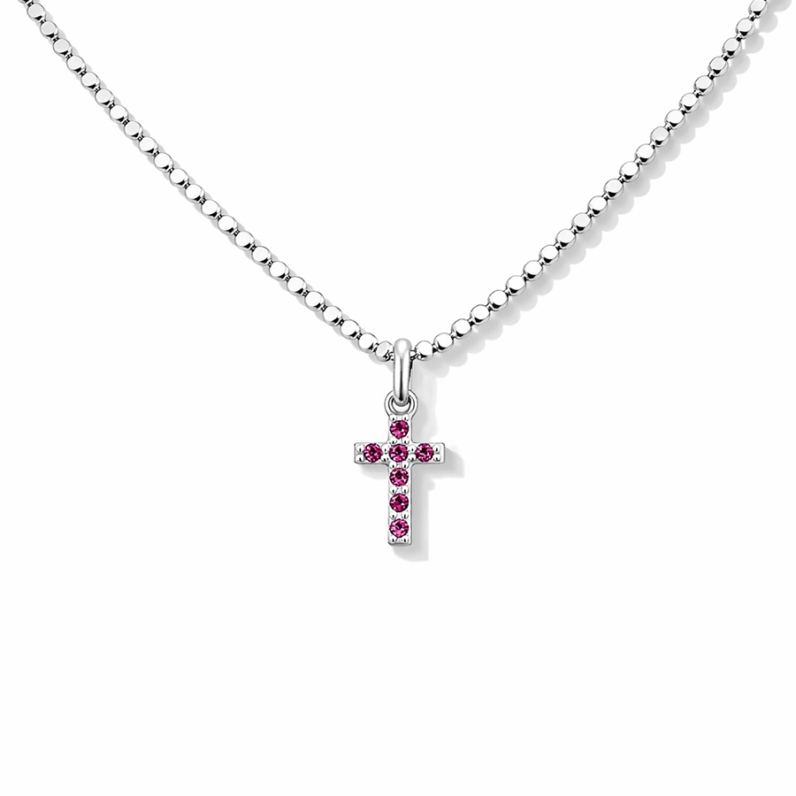 Collier femme HOLY PINK DRAMA – chaîne boules facettées scintillantes & pendentif croix pavée de zircons fuchsia en argent 925 – bijoux fait main en argent 925 | Pitch & Néo