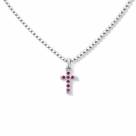Collier femme HOLY PINK DRAMA – chaîne boules facettées scintillantes & pendentif croix pavée de zircons fuchsia en argent 925 – bijoux fait main en argent 925 | Pitch & Néo