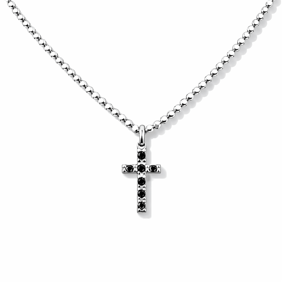 Collier femme HOLY SHIT, I’M HOT – chaîne boules facettées scintillantes et pendentif croix onyx noirs argent 925 – bijoux fait main en argent 925 | Pitch & Néo