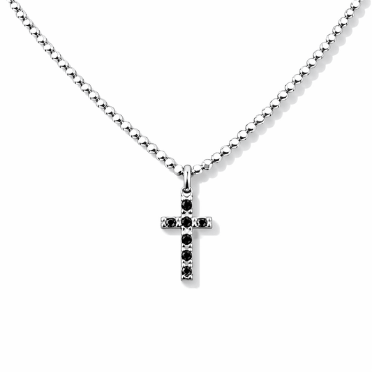 Collier femme HOLY SHIT, I’M HOT – chaîne boules facettées scintillantes et pendentif croix onyx noirs argent 925 – bijoux fait main en argent 925 | Pitch & Néo