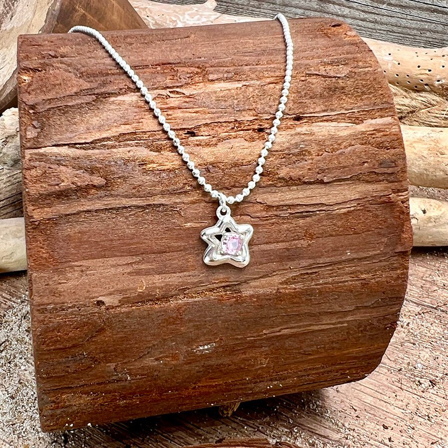Collier femme HOT STAR MESS – chaîne boules facettées scintillantes & pendentif étoile cartoon zircon rose façon saphir en argent 925 – bijoux fait main en argent 925 | Pitch & Néo