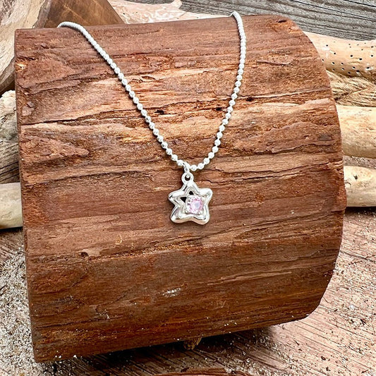Collier femme HOT STAR MESS – chaîne boules facettées scintillantes & pendentif étoile cartoon zircon rose façon saphir en argent 925 – bijoux fait main en argent 925 | Pitch & Néo