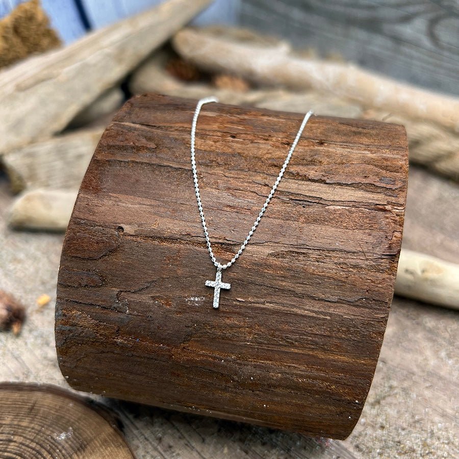 Collier femme ICE ON THE LINE – chaîne boules facettées scintillantes, pendentif croix zircons façon diamant et argent 925 – bijoux fait main en argent 925 | Pitch & Néo