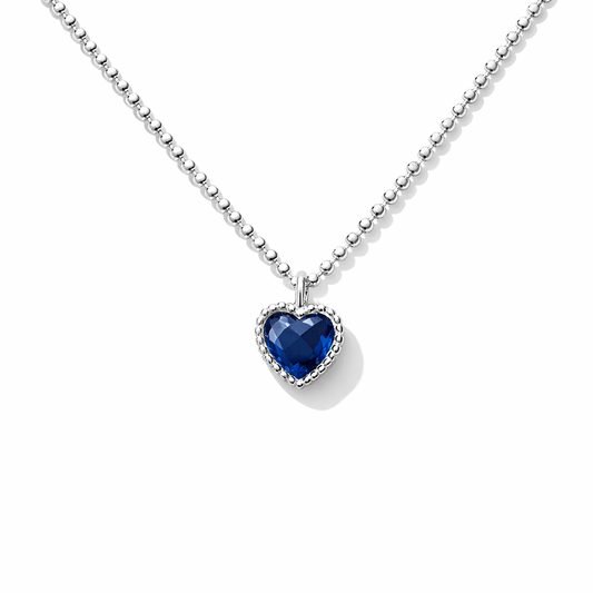 Collier femme ICY BUT BLUE, GAL – chaîne boules facettées scintillantes & pendentif cœur taille diamant façon saphir serti griffé strié en argent 925 – bijoux fait main en argent 925 | Pitch & Néo