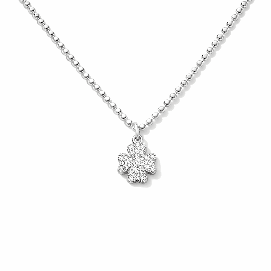 Collier femme JACKPOT BABY – chaîne boules facettées scintillantes, pendentif trèfle oversize zircon façon diamant, argent 925 – bijoux fait main en argent 925 | Pitch & Néo