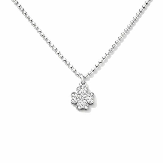 Collier femme JACKPOT BABY – chaîne boules facettées scintillantes, pendentif trèfle oversize zircon façon diamant, argent 925 – bijoux fait main en argent 925 | Pitch & Néo
