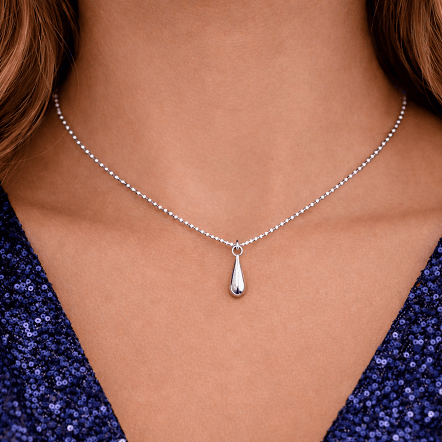 Collier femme LIQUID LIGHT – chaîne boules diamantées & pendentif goutte en argent 925 – bijoux fait main en argent 925 | Pitch & Néo