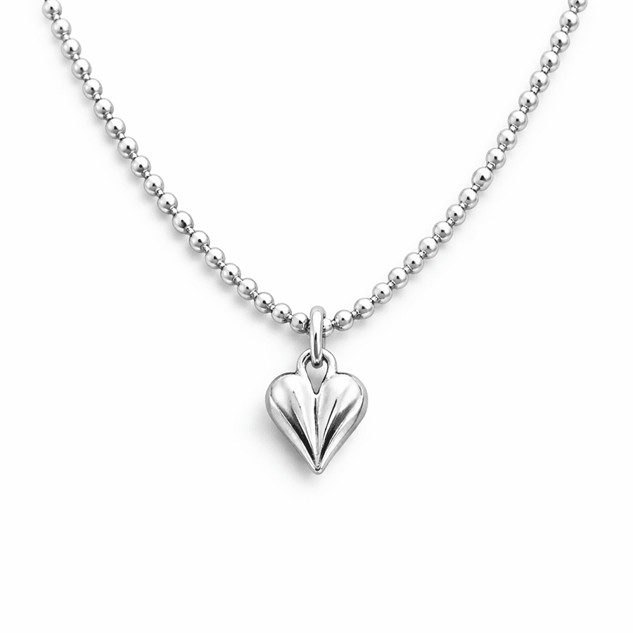 Collier femme LOVE KILLS, I SMILE – chaîne boules facettées scintillantes et pendentif cœur bombé sculpté, argent 925 – bijoux fait main en argent 925 | Pitch & Néo