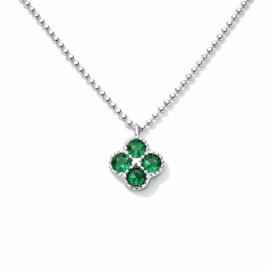 Collier femme LUCK OFF, I’M FABULOUS – chaîne boules facettées scintillantes & pendentif trèfle zircon vert et argent 925 – bijoux fait main en argent 925 | Pitch & Néo