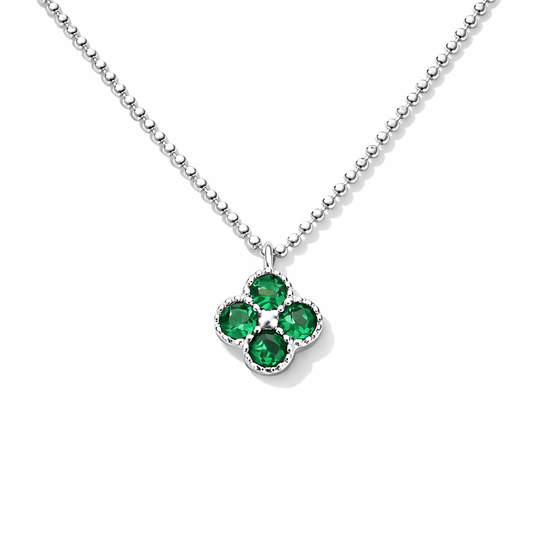 Collier femme LUCK OFF, I’M FABULOUS – chaîne boules facettées scintillantes & pendentif trèfle zircon vert et argent 925 – bijoux fait main en argent 925 | Pitch & Néo