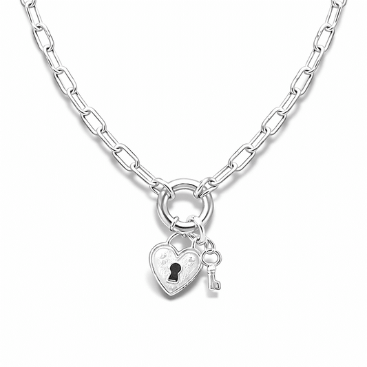Collier femme NO KEY, NO MERCY – chaîne rectangulaire massive & pendentifs cadenas cœur & clé baroque en argent 925 – bijoux fait main en argent 925 | Pitch & Néo