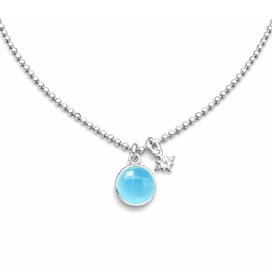 Collier femme OCEAN DROP & COSMIC BABE – chaîne boules facettées scintillantes, pendentif cabochon calcédoine bleue et étoile polaire zircon en argent 925 – bijoux fait main en argent 925 | Pitch & Néo