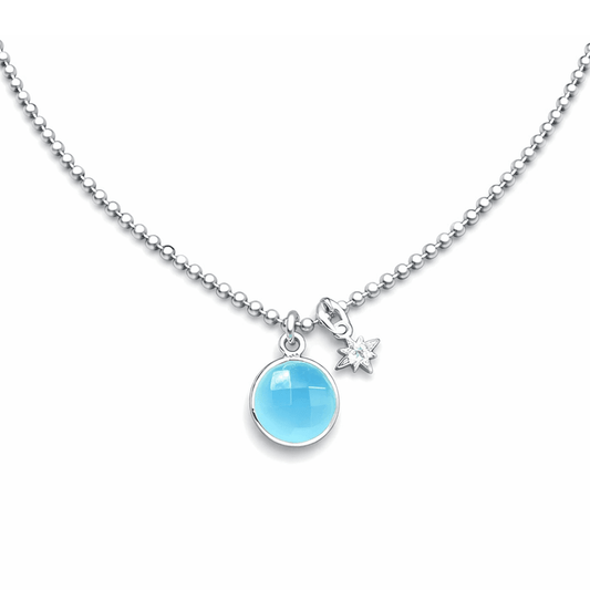 Collier femme OCEAN DROP & COSMIC BABE – chaîne boules facettées scintillantes, pendentif cabochon calcédoine bleue et étoile polaire zircon en argent 925 – bijoux fait main en argent 925 | Pitch & Néo
