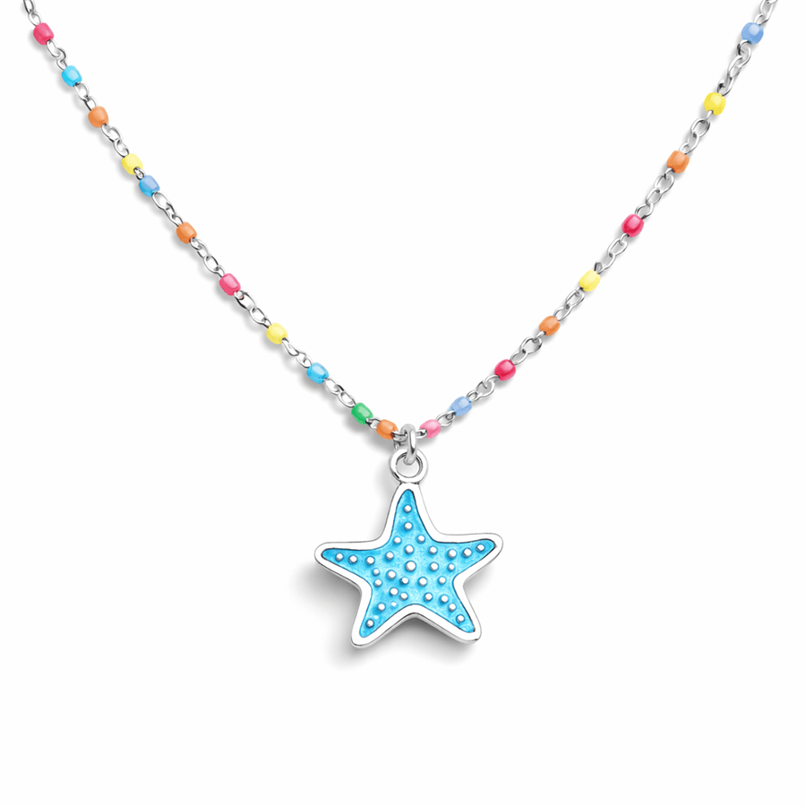 Collier femme OOPS I SPLASHED THE BEACH – chaîne perles émaillées multicolores fluo, pendentif étoile de mer émail turquoise et argent 925 – bijoux fait main en argent 925 | Pitch & Néo