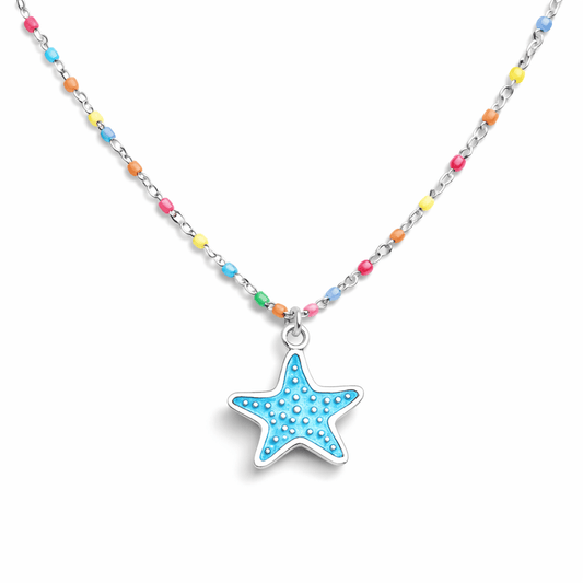 Collier femme OOPS I SPLASHED THE BEACH – chaîne perles émaillées multicolores fluo, pendentif étoile de mer émail turquoise et argent 925 – bijoux fait main en argent 925 | Pitch & Néo