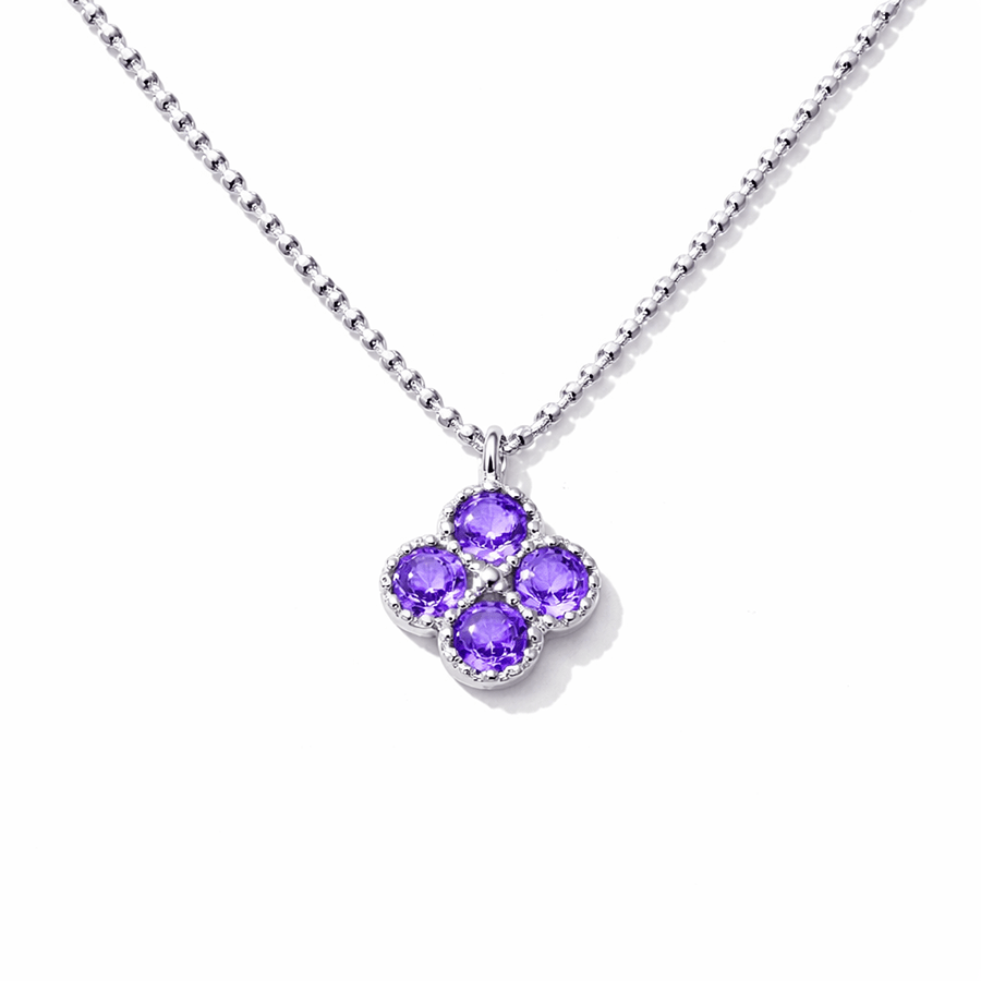 Collier femme PURPLE DRAMA, SWEETHEART – chaîne boules facettées scintillantes, pendentif trèfle zircons violets façon améthyste et argent 925 – bijoux fait main en argent 925 | Pitch & Néo