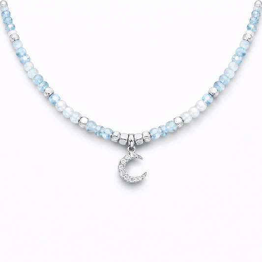 Collier femme SEND ME TO THE MOON, BUT FIRST CHAMPAGNE! – perles d’aigue - marine facettées, pendentif lune zircons façon diamant et argent 925 – bijoux fait main en argent 925 | Pitch & Néo