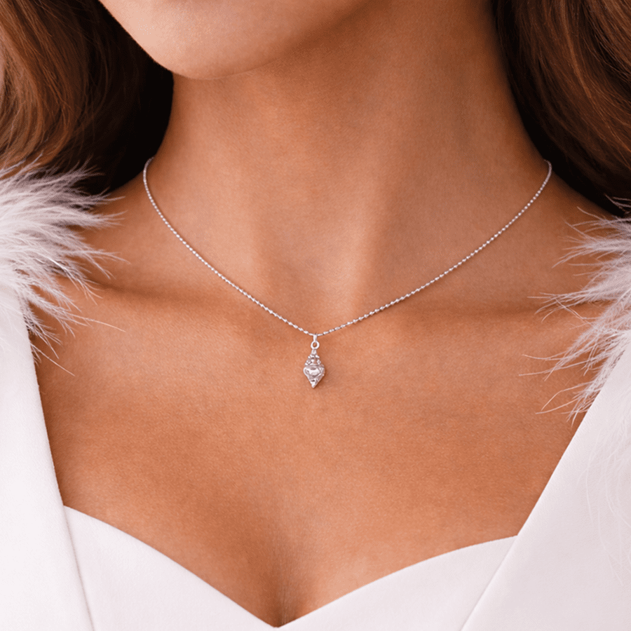 Collier femme SHELL YEAH – chaîne boules facettées scintillantes, pendentif coquillage conque oversize et argent 925 – bijoux fait main en argent 925 | Pitch & Néo