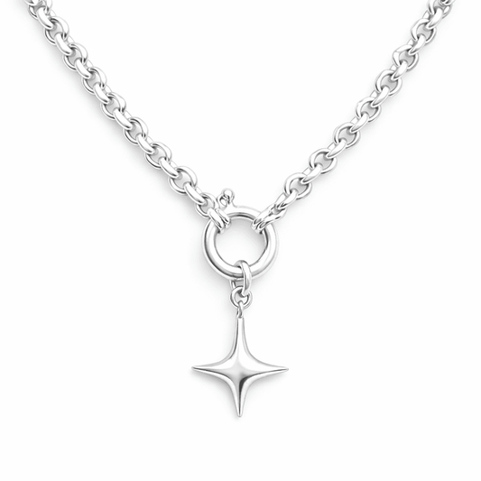 Collier femme SHOOT MY STAR – chaîne jaseron épaisse, pendentif étoile bombée et fermoir bouée oversize en argent 925 – bijoux fait main en argent 925 | Pitch & Néo