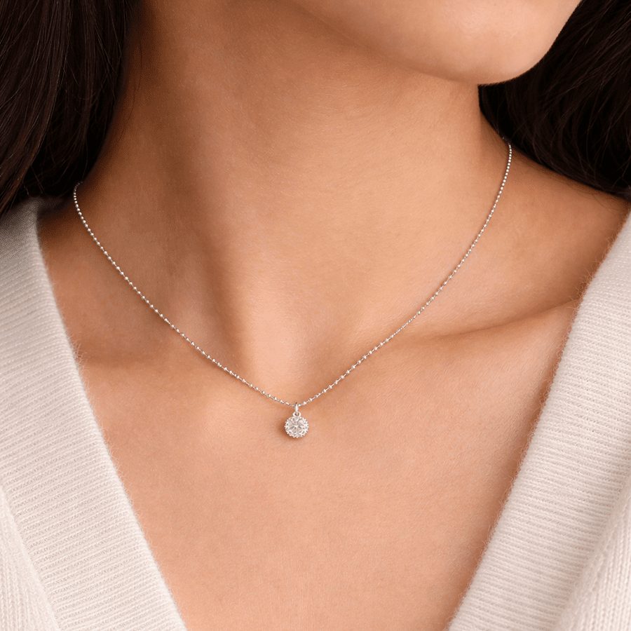 Collier femme TINY BUT BOSSY – chaîne boules facettées scintillantes, pendentif halo zircon et argent 925 – bijoux fait main en argent 925 | Pitch & Néo