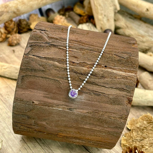 Collier femme VIOLET OBSESSION – chaîne boules facettées scintillantes & pendentif zircon violet façon solitaire en argent 925 – bijoux fait main en argent 925 | Pitch & Néo