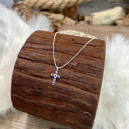 Collier femme VIOLET’S GOT A SECRET – chaîne boules facettées scintillantes & pendentif croix pavée de zircons façon améthyste en argent 925 – bijoux fait main en argent 925 | Pitch & Néo