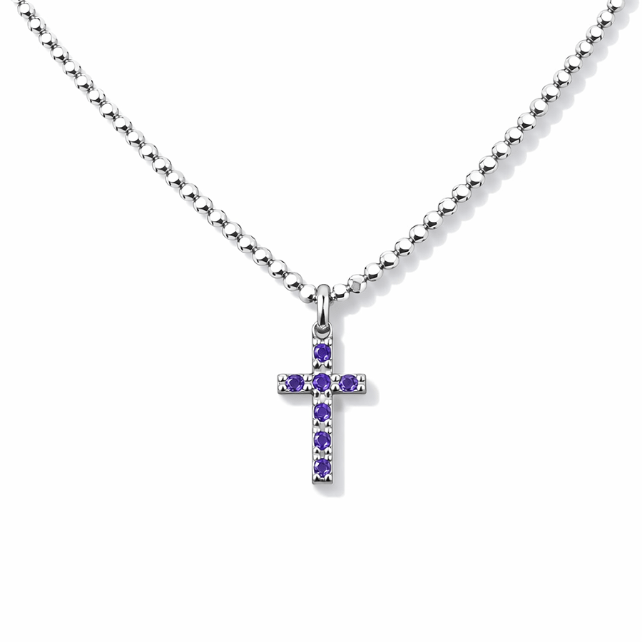 Collier femme VIOLET’S GOT A SECRET – chaîne boules facettées scintillantes & pendentif croix pavée de zircons façon améthyste en argent 925 – bijoux fait main en argent 925 | Pitch & Néo