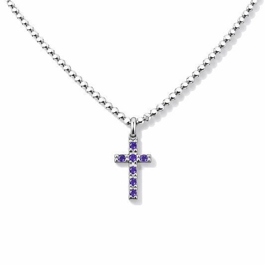 Collier femme VIOLET’S GOT A SECRET – chaîne boules facettées scintillantes & pendentif croix pavée de zircons façon améthyste en argent 925 – bijoux fait main en argent 925 | Pitch & Néo