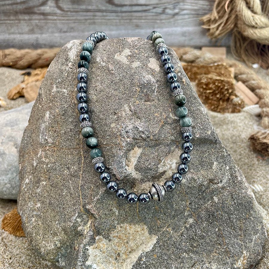 Collier homme EAGLE VISION – perles de térahertz, perles d’œil d’aigle et argent 925 – bijoux fait main en argent 925 | Pitch & Néo