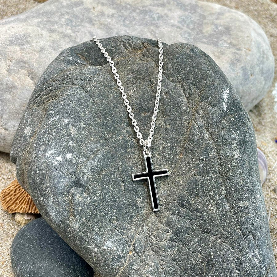 Collier homme HOLY SH!T – chaîne forçat oversize, pendentif croix émail noir et argent 925 – bijoux fait main en argent 925 | Pitch & Néo