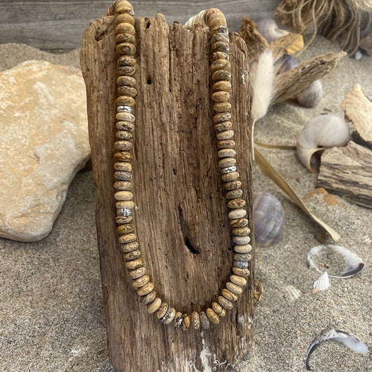 Collier homme surfeur DUNE RIDER – perles rondelles jaspe paysage 8 mm et fermoir mousqueton en argent 925 – bijoux fait main en argent 925 | Pitch & Néo