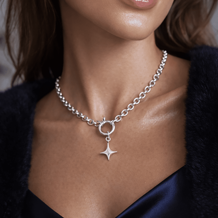 Collier maille jaseron épaisse pendentif étoile bombée fermoir bouée oversize femme argent 925 SHOOT MY STAR – bijoux fait main en argent 925 | Pitch & Néo